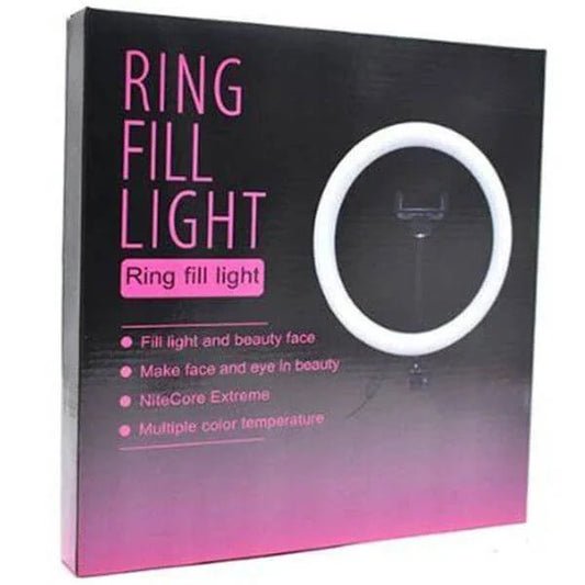 10-inch LED ring light with adjustable phone holder, ideal for video and live streaming setups.