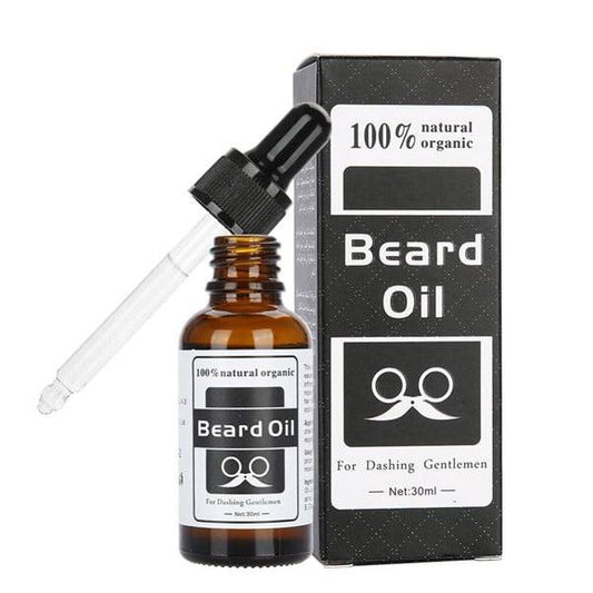 100% natural organic beard oil bottle with a dropper, featuring a wooden background and green plant accents.