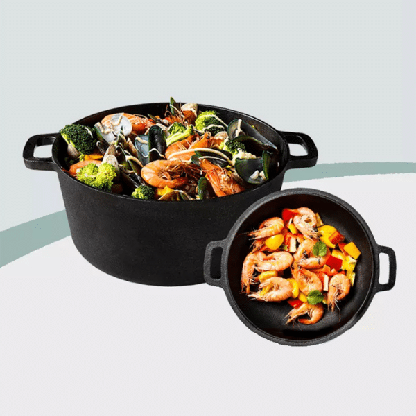 2 in 1 cast iron Dutch oven with skillet lid, showcasing the deep pot and flat lid design for versatile cooking.