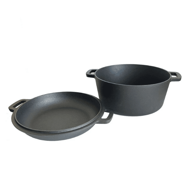 2 in 1 cast iron Dutch oven with skillet lid, displaying a sturdy design and smooth finish, perfect for cooking.