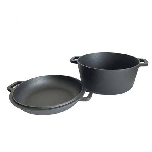 2 in 1 cast iron Dutch oven with skillet lid, displaying a sturdy design and smooth finish, perfect for cooking.