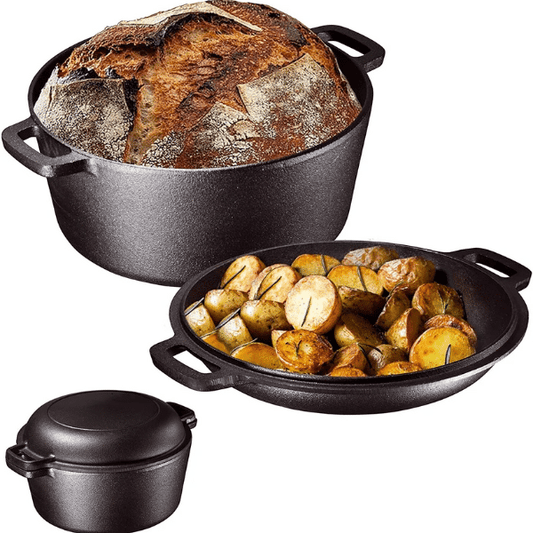 2 in 1 cast iron dutch oven with skillet lid, showcasing a glossy black finish and sturdy handles.