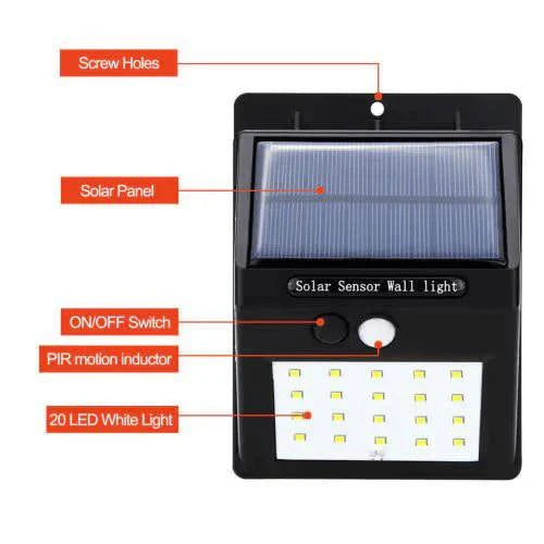 20 LED solar motion sensor wall light with a sleek design, mounted on a brick wall, illuminating the surrounding area.