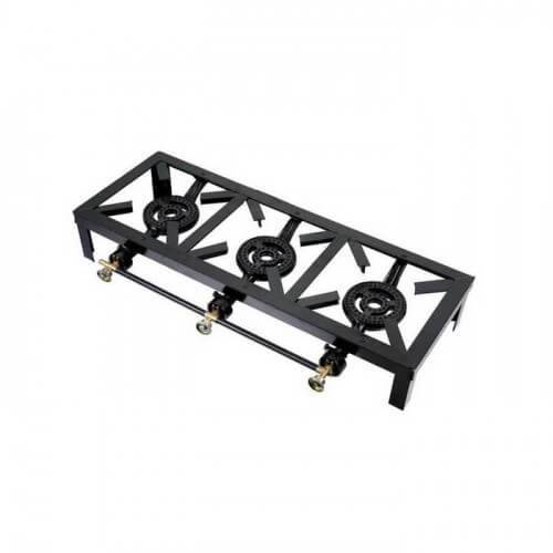 Three-burner gas cooker with stainless steel finish and control knobs, ideal for cooking multiple dishes simultaneously.