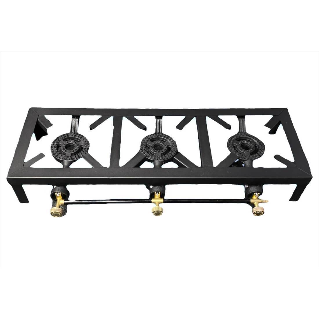 Three plate burner gas cooker with stainless steel finish and ergonomic knobs for easy cooking.