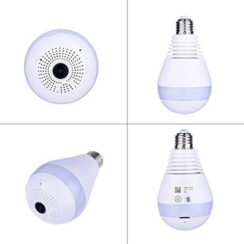 360-degree IP camera light bulb with built-in surveillance features, showcasing its sleek design and bulb shape.
