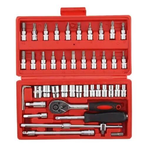 46-piece 1/4-inch driven socket set with various sizes and a sturdy carrying case, ideal for automotive and mechanical tasks.