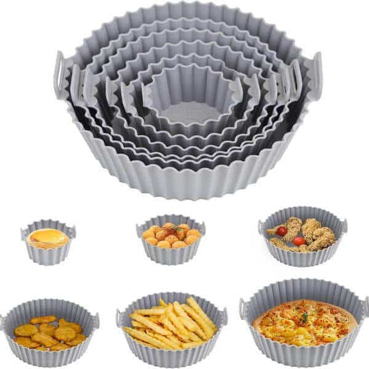 6 piece reusable silicone air fryer liner set in assorted colors, designed for easy cooking and cleanup in air fryers.
