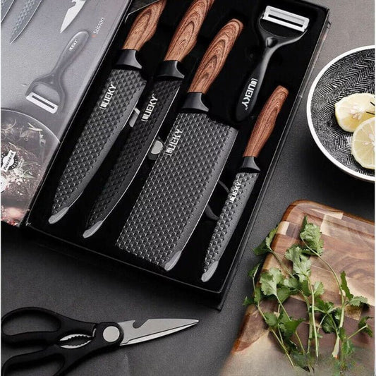 6 Piece Stainless Steel Kitchen Knife Set Japanese Damascus Pattern - shopsa online