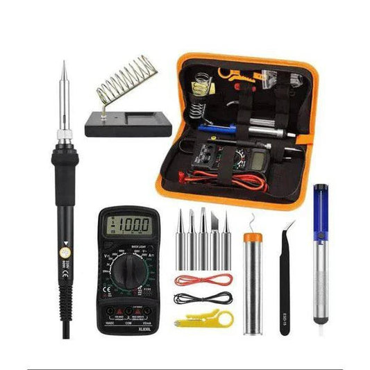 60W soldering iron kit with a digital multimeter, showcasing tools and accessories for electronics projects.