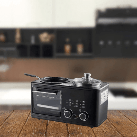 8L 4-in-1 breakfast maker with toaster, coffee maker, and griddle, featuring stainless steel finish and compact design.