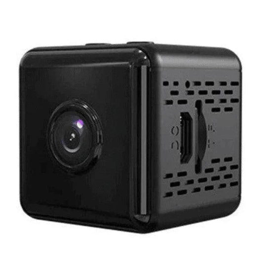 Compact Full HD security camera with night vision and motion alerts, featuring a sleek design and adjustable lens.