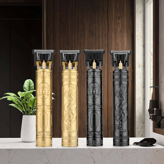 Cordless USB hair trimmer for men, featuring a sleek design and multifunctional grooming attachments.