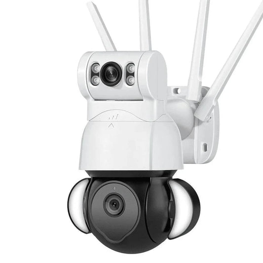 Dual lens surveillance camera with four antennas, showcasing a sleek design and advanced security features.