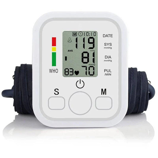 Electric blood pressure monitor displaying digital readout and adjustable cuff for accurate health monitoring.