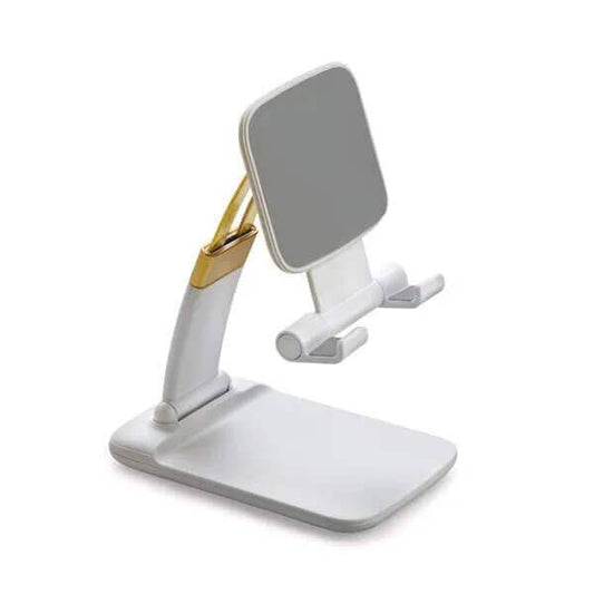 Foldable desktop phone holder from shopsa online, showcasing a sleek design with adjustable angles for convenient viewing.
