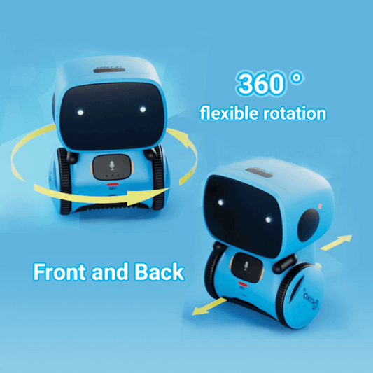 Interactive Smart Robot with Voice Control, showing sleek design and buttons for activation and interaction.