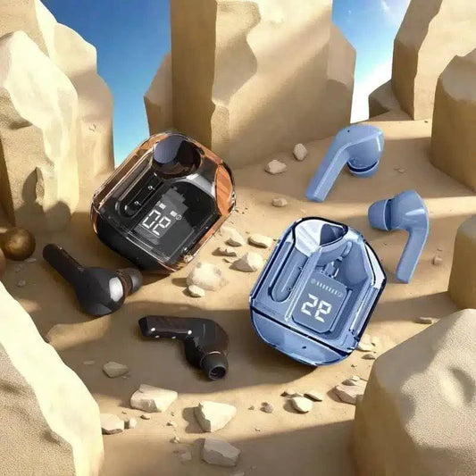 TWS T2 Wireless Bluetooth Earphones in a transparent case, showcasing sleek design and compact size.